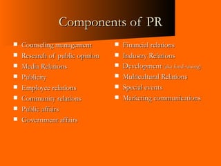 Components of PR Counseling management Research of public opinion Media Relations Publicity Employee relations Community relations Public affairs Government affairs Financial relations Industry Relations Development  (aka fund-raising) Multicultural Relations Special events Marketing communications 