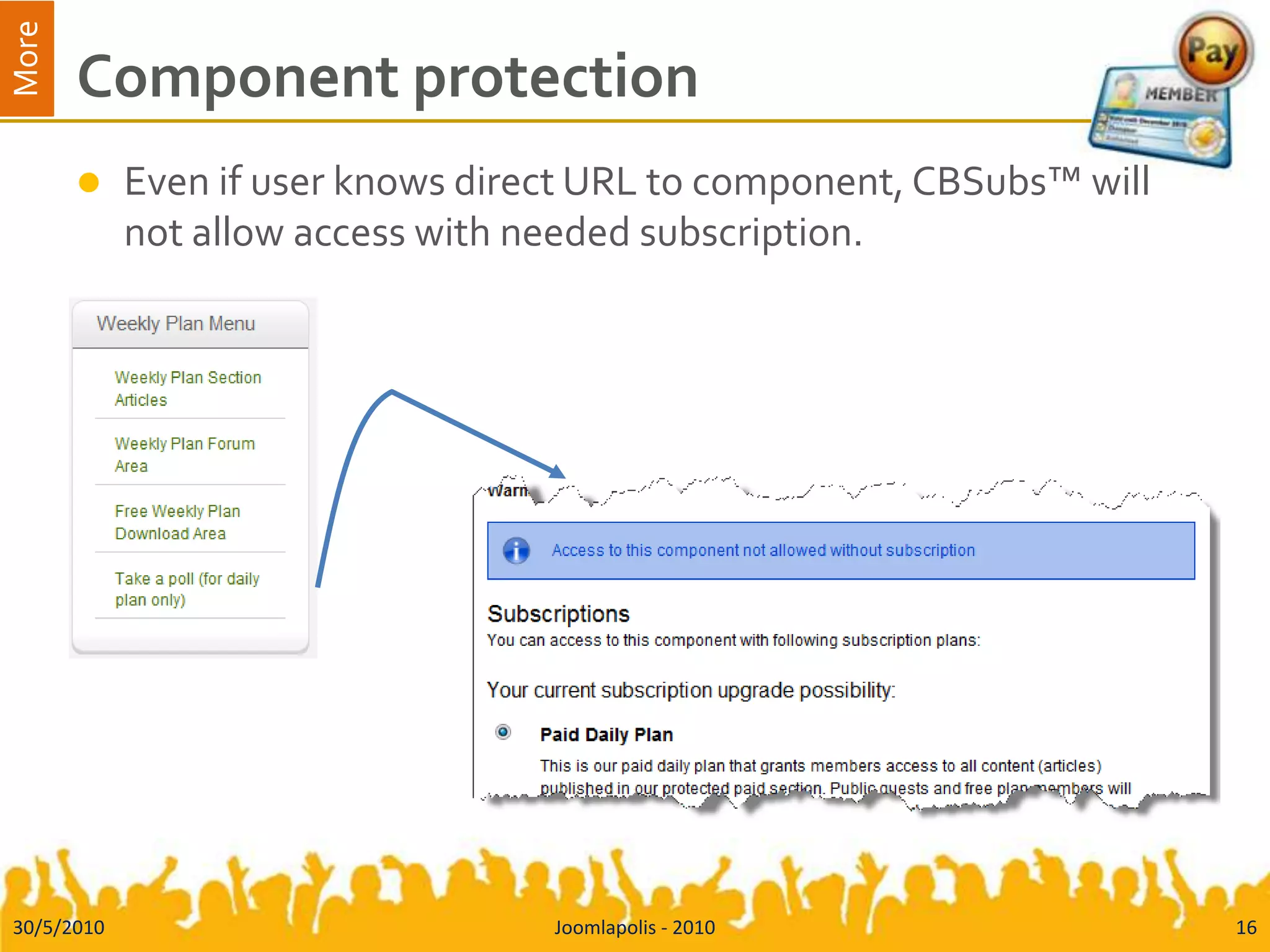 Component protectionEven if user knows direct URL to component, CBSubs™ will not allow access with needed subscription.30/5/2010Joomlapolis - 201016
