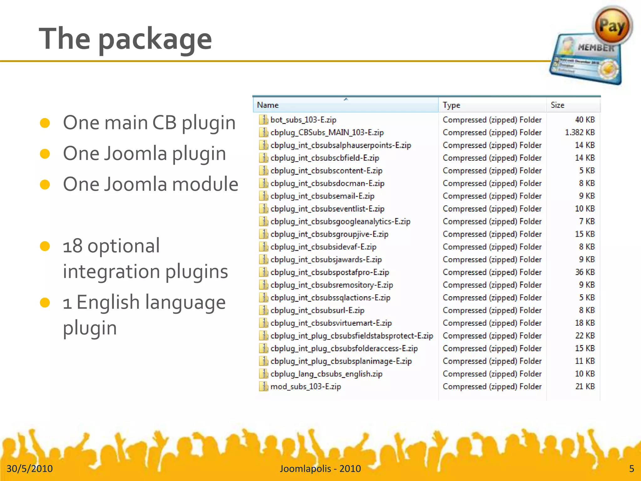 The packageOne main CB pluginOne Joomla pluginOne Joomla module18 optional integration plugins1 English language plugin30/5/2010Joomlapolis - 20105