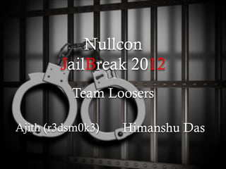 Nullcon
        JailBreak 2012
          Team Loosers

Ajith (r3dsm0k3)   Himanshu Das
 