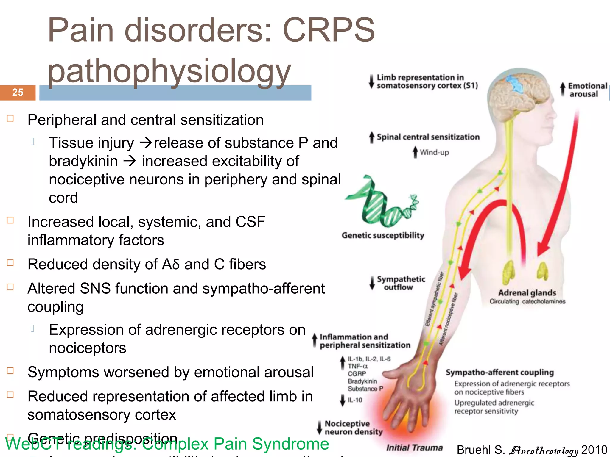 Pain disorders: CRPS
pathophysiology25
 Peripheral and central sensitization
 Tissue injury release of substance P and
bradykinin  increased excitability of
nociceptive neurons in periphery and spinal
cord
 Increased local, systemic, and CSF
inflammatory factors
 Reduced density of Aδ and C fibers
 Altered SNS function and sympatho-afferent
coupling
 Expression of adrenergic receptors on
nociceptors
 Symptoms worsened by emotional arousal
 Reduced representation of affected limb in
somatosensory cortex
 Genetic predisposition
Bruehl S. Anesthesiology 2010WebCT readings: Complex Pain Syndrome
 