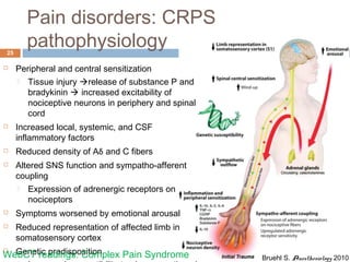 Pain disorders: CRPS
pathophysiology25
 Peripheral and central sensitization
 Tissue injury release of substance P and
bradykinin  increased excitability of
nociceptive neurons in periphery and spinal
cord
 Increased local, systemic, and CSF
inflammatory factors
 Reduced density of Aδ and C fibers
 Altered SNS function and sympatho-afferent
coupling
 Expression of adrenergic receptors on
nociceptors
 Symptoms worsened by emotional arousal
 Reduced representation of affected limb in
somatosensory cortex
 Genetic predisposition
Bruehl S. Anesthesiology 2010WebCT readings: Complex Pain Syndrome
 