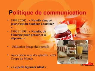 Politique de communication
• 1999 à 2002 : « Nutella chaque
  jour c’est du bonheur à tartiner
  ».
• 1990 à 1998 : « Nutella, de
  l’énergie pour penser et se
  dépenser ».

•   Utilisation image des sportifs

• Association avec des sportifs : effet
  Coupe du Monde.

• « Le petit déjeuner idéal »
 