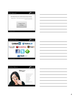 4
10
Our Approach
5 Unique Touches
in 30 Days
83% of high performers have a defined strategy and make 4-8 attempts
* High performers = 110% of quota and represent less than 25% of respondents
* Phone Works – 2011 Inside Sales Metrics
© j.barrows LLC
11
Finding the Reason
© j.barrows LLC
12
Executive quotes about….
Executive priorities
Hiring /Growth
Promotions
New products
New Client
Awards
Mission/Goals/Vision
Finding A Reason
What?
© j.barrows LLC
 