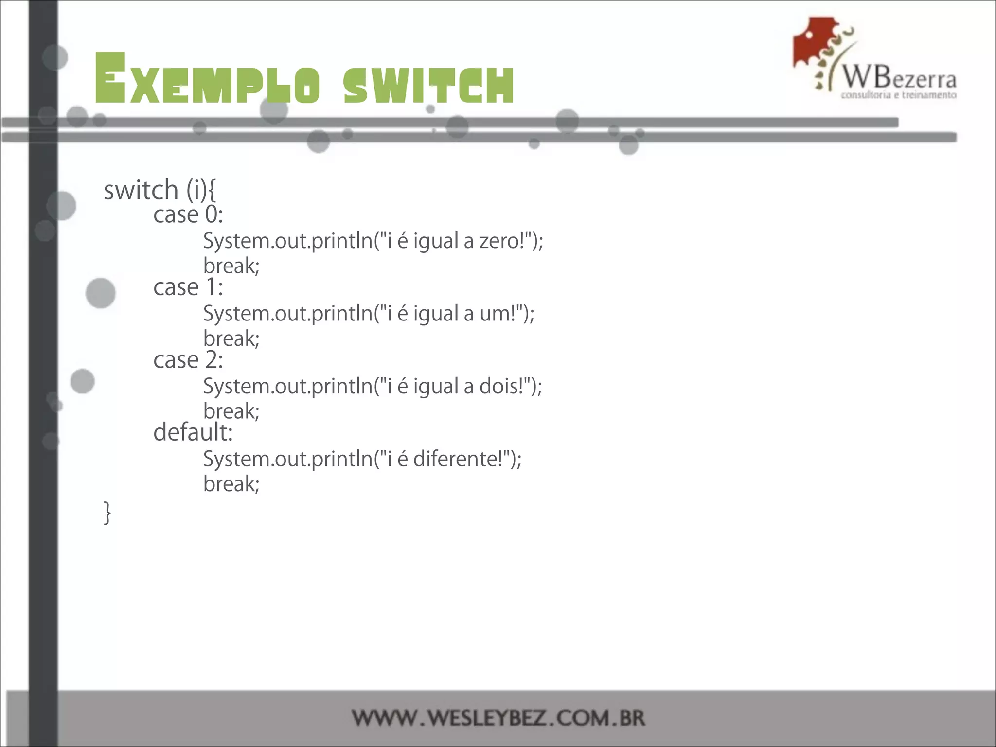 Exemplo switch
switch (i){
case 0:
System.out.println("i é igual a zero!");
break;
case 1:
System.out.println("i é igual a um!");
break;
case 2:
System.out.println("i é igual a dois!");
break;
default:
System.out.println("i é diferente!");
break;
}
 