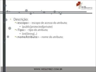 • Descrição:
<escopo> - escopo de acesso do atributo;
• {public|protected|private}
<Tipo> - tipo do atributo;
• {int|String|...}
<nomeAtributo> - nome do atributo;
 