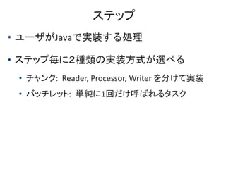 ƥå
? `JavaǌgװI
? ƥåךˣNΌgװʽx٤
? : Reader, Processor, Writer ֤ƌgװ
? Хåå: g1ؤФ륿
 