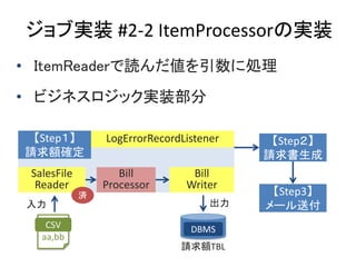 ֌gװ #2-2 ItemProcessorΌgװ
? ItemReaderi˄I
? ӥͥågװ
Step
Ո~_
CSV
aa,bb
DBMS
 
Ո~TBL
Bill
Processor
SalesFile
Reader
Bill
Writer
LogErrorRecordListener Step
Ո
Step3
`͸
g
 