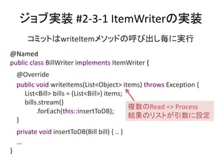 ֌gװ #2-3-1 ItemWriterΌgװ
@Named
public class BillWriter implements ItemWriter {
@Override
public void writeItems(List<Object> items) throws Exception {
List<Bill> bills = (List<Bill>) items;
bills.stream()
.forEach(this::insertToDB);
}
private void insertToDB(Bill bill) { .. }
...
}
}Read => Process
YΥꥹȤO
ߥåȤwriteItem᥽åɤκӳˌg
 