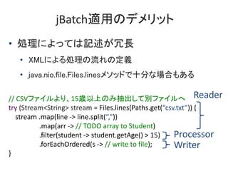 jBatchmäΥǥå
? IˤäƤӛL
? XMLˤIζx
? java.nio.file.Files.lines᥽åɤʮ֤ʈϤ⤢
// CSVեꡢ15rϤΤ߳Ƅeե
try (Stream<String> stream = Files.lines(Paths.get(csv.txt)) {
stream .map(line -> line.split(,))
.map(arr -> // TODO array to Student)
.filter(student -> student.getAge() > 15)
.forEachOrdered(s -> // write to file);
}
Reader
Processor
Writer
 