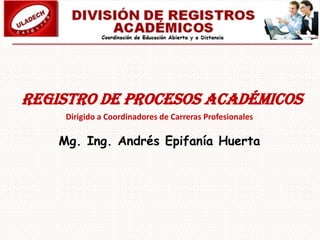 Registro de procesos académicos
Mg. Ing. Andrés Epifanía Huerta
Dirigido a Coordinadores de Carreras Profesionales
 