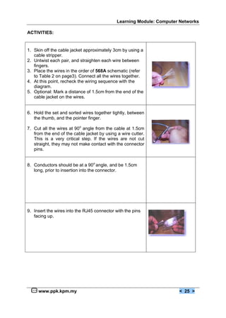 Learning Module: Computer Networks
www.ppk.kpm.my < 25 >
ACTIVITIES:
1. Skin off the cable jacket approximately 3cm by using a
cable stripper.
2. Untwist each pair, and straighten each wire between
fingers.
3. Place the wires in the order of 568A schematic (refer
to Table 2 on page3). Connect all the wires together.
4. At this point, recheck the wiring sequence with the
diagram.
5. Optional: Mark a distance of 1.5cm from the end of the
cable jacket on the wires.
6. Hold the set and sorted wires together tightly, between
the thumb, and the pointer finger.
7. Cut all the wires at 90o
angle from the cable at 1.5cm
from the end of the cable jacket by using a wire cutter.
This is a very critical step. If the wires are not cut
straight, they may not make contact with the connector
pins.
8. Conductors should be at a 90o
angle, and be 1.5cm
long, prior to insertion into the connector.
9. Insert the wires into the RJ45 connector with the pins
facing up.
 