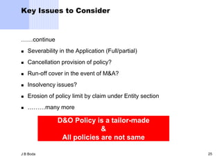 Key Issues to Consider



……continue
   Severability in the Application (Full/partial)
   Cancellation provision of policy?
   Run-off cover in the event of M&A?
   Insolvency issues?
   Erosion of policy limit by claim under Entity section
   ………many more

                D&O Policy is a tailor-made
                              &
                 All policies are not same

J B Boda                                                    25
 