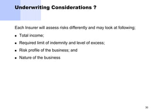 30
Underwriting Considerations ?
Each Insurer will assess risks differently and may look at following;
 Total income;
 Required limit of indemnity and level of excess;
 Risk profile of the business; and
 Nature of the business
 