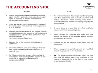 THE ACCOUNTING SIDE
BEFORE
> Interim payment certificates issued by the principal
agent monthly – contractor must assist the principal
agent by providing all relevant payment claim
documents and information.
> There is a payment certificate required by the day of
the month stated in the contract, from inception even
if nil or negative.
> Arguable, the value of materials and supplies certified
immediately become the property of the employer and
can’t be removed without written confirmation from
the principal agent –
no mention is made of payment.
> Payment due by the employer within 14 days of
certification.
> Where no certificate is issued or employer does not
pay, contractor had to give three days notice to
suspend work.
> For Adjustments to the contract value, you had 40
working days from knowledge of the expense or loss
giving rise to the claim to raise a claim for
compensation (32.6).
AFTER
> The contractor to assist the principal agent in preparing
cash flow statements and payment valuations and
produce documents which quantify work done -
payment certificates are then issued “regularly” by the
principal agent.
> It seems there is no due date for a first certificate
required until there is value to pay out.
> Values certified for materials and goods will only
become the property of the employer against payment
of the amount so certified.
> Payment due by the employer within seven days of
certification.
> Where no payment or partial payment on a certified
amount, may suspend on five days notice.
> NB - For Adjustments to the contract value, you now
only have 20 working days from knowledge of the
expense or loss giving rise to the claim to raise a claim
for compensation (26.5).
21
 