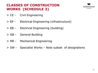 CLASSES OF CONSTRUCTION
WORKS (SCHEDULE 3)
> CE - Civil Engineering
> EP - Electrical Engineering (infrastructure)
> EB - Electrical Engineering (building)
> GB - General Building
> ME - Mechanical Engineering
> SW - Specialist Works – Note subset of designations
40
 
