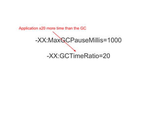 -XX:MaxGCPauseMillis=1000
-XX:GCTimeRatio=20
Application x20 more time than the GC
 