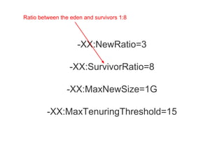 -XX:NewRatio=3
-XX:SurvivorRatio=8
-XX:MaxNewSize=1G
-XX:MaxTenuringThreshold=15
Ratio between the eden and survivors 1:8
 