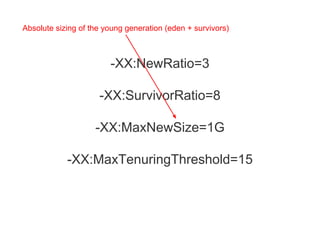 -XX:NewRatio=3
-XX:SurvivorRatio=8
-XX:MaxNewSize=1G
-XX:MaxTenuringThreshold=15
Absolute sizing of the young generation (eden + survivors)
 