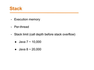 Stack
- Execution memory
- Per-thread
- Stack limit (call depth before stack overflow)
● Java 7 ~ 10,000
● Java 8 ~ 20,000
 