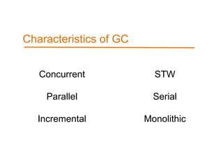 Characteristics of GC
Concurrent
Parallel
Incremental
STW
Serial
Monolithic
 