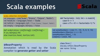 Scala examples
def factorial(n : Int): Int = n match{
case 0 => 1
case x if x >0 => factorial(n-1) *n
}
val languages = List("Scala", "Groovy", "Clojure", "Kotlin")
val headList = languages.head // Scala
val tailList = languages.tail; //List( "Groovy", "Clojure", "Kotlin")
val empty = languages.isEmpty //false
def orderList(xs: List[String]): List[String] =
if (xs.isEmpty) Nil
else insert(xs.head, isort(xs.tail)
@BeanProperty
Annotation which is read by the Scala
compiler to generate getter and setter
class Bean {
@scala.reflect.BeanProperty
var name: String
}
val someNumbers = List(-11, -10, -5, 0, 5, 10)
someNumbers.filter((x) => x > 0)
someNumbers.filter(_ > 0)
List[Int] = List(5, 10)
scala.collection.immutable
 
