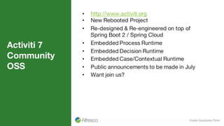 Activiti 7
Community
OSS
• http://www.activiti.org
• New Rebooted Project
• Re-designed & Re-engineered on top of
Spring Boot 2 / Spring Cloud
• Embedded Process Runtime
• Embedded Decision Runtime
• Embedded Case/Contextual Runtime
• Public announcements to be made in July
• Want join us?
 