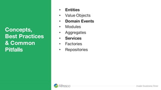 Concepts,
Best Practices
& Common
Pitfalls
• Entities
• Value Objects
• Domain Events
• Modules
• Aggregates
• Services
• Factories
• Repositories
 