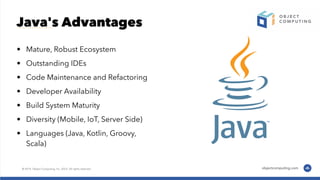 Java's Advantages
• Mature, Robust Ecosystem
• Outstanding IDEs
• Code Maintenance and Refactoring
• Developer Availability
• Build System Maturity
• Diversity (Mobile, IoT, Server Side)
• Languages (Java, Kotlin, Groovy,
Scala)
 