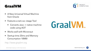 GraalVM
• A New Universal Virtual Machine
from Oracle
• Features a native-image Tool
• Converts Java -> native machine
code using AOT
• Works well with Micronaut
• Startup time 20ms and Memory
Consumption 18MB!
http://www.graalvm.org
 
