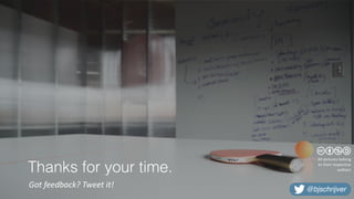 Thanks for your time.
Got	feedback?	Tweet	it!
All	pictures	belong	
to	their	respective		
authors
@bjschrijver
 