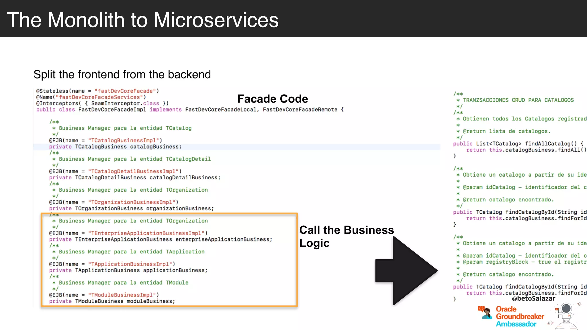 Split the frontend from the backend
Facade Code
Call the Business
Logic
@betoSalazar
The Monolith to MicroservicesThe Monolith to Microservices
 