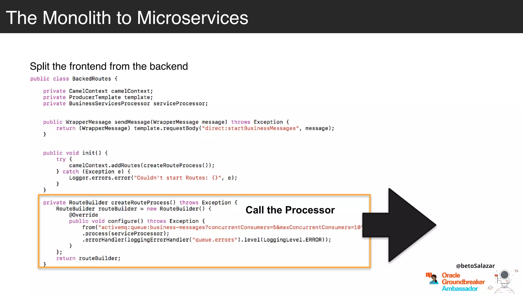 Split the frontend from the backend
Call the Processor
@betoSalazar
The Monolith to MicroservicesThe Monolith to Microservices
 