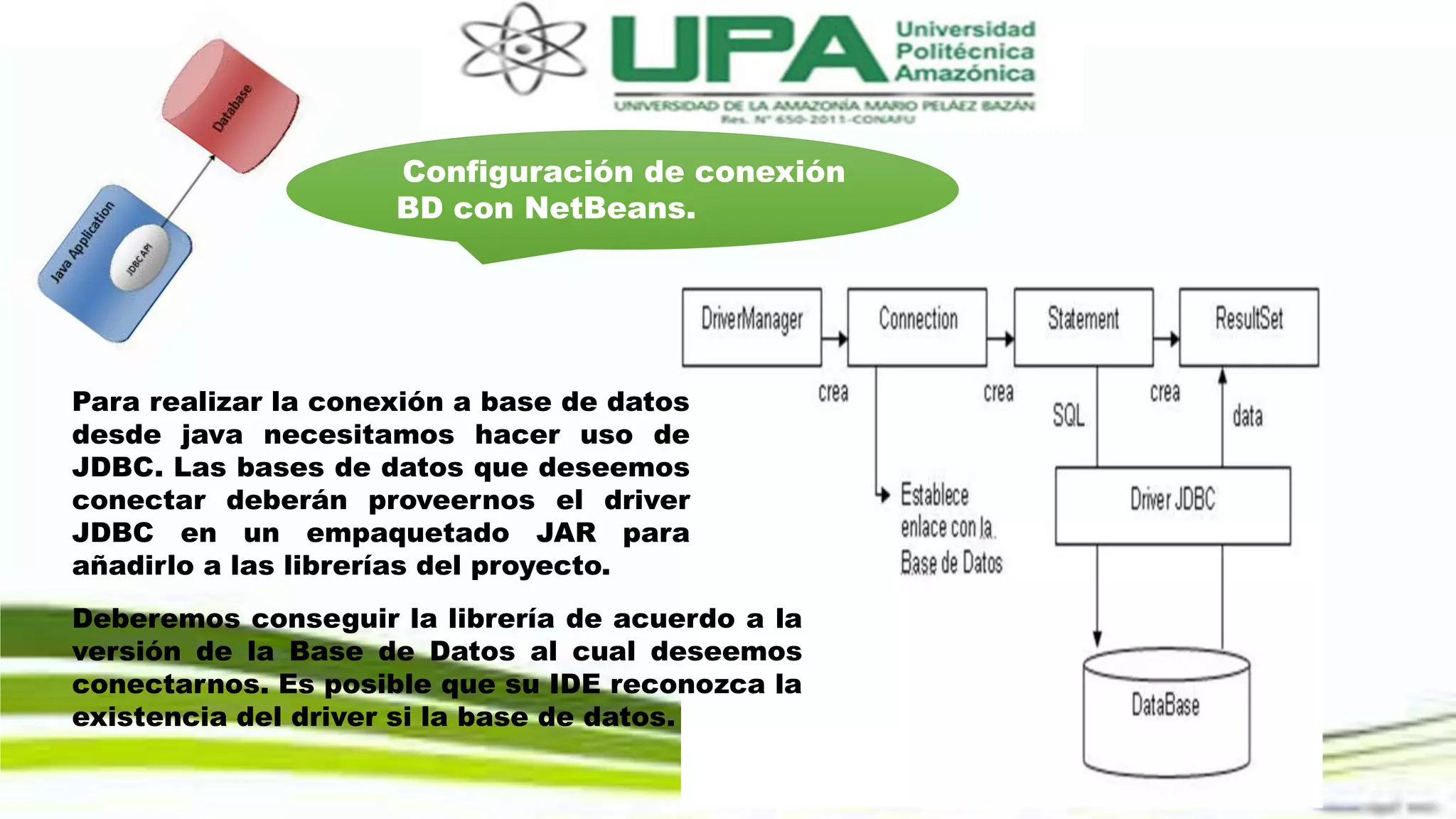 Configuración de conexión
BD con NetBeans.
Para realizar la conexión a base de datos
desde java necesitamos hacer uso de
JDBC. Las bases de datos que deseemos
conectar deberán proveernos el driver
JDBC en un empaquetado JAR para
añadirlo a las librerías del proyecto.
Deberemos conseguir la librería de acuerdo a la
versión de la Base de Datos al cual deseemos
conectarnos. Es posible que su IDE reconozca la
existencia del driver si la base de datos.
 