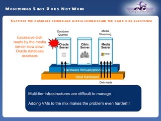 Monitoring Silos Does Not Work Media Streaming Database Queries Disk reads Excessive disk reads by the media server slow down Oracle database accesses Multi-tier infrastructures are difficult to manage Adding VMs to the mix makes the problem even harder!!! Suppose the database server and media server share the same disk subsystem 