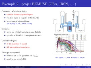 Exemple 2 : projet BEMUSE (CEA, IRSN, . . . )
Contexte : sûreté nucléaire
calculs thermo-hydrauliques
réalisés avec le logiciel CATHARE
benchmark international
(de Crécy et al., NED, 2008)
Scenario
perte de réfrigérant due à une brèche
grandeur d’intérêt : température max.
Caractéristiques
≈ 10 minutes / calcul
53 paramètres incertains
Principaux objectifs
estimation d’un quantile de Tmax
analyse de sensibilité
(B. Iooss, J. Nat. Fiabilité, 2010)
Julien Bect (SUPELEC) Computer experiments 3/3/2014 6 / 38
 
