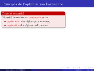 Principes de l’optimisation bayésienne
Constat essentiel
Nécessité de réaliser un compromis entre
exploitation des régions prometteuses,
exploration des régions mal connues.
Julien Bect (SUPELEC) Computer experiments 3/3/2014 14 / 38
 