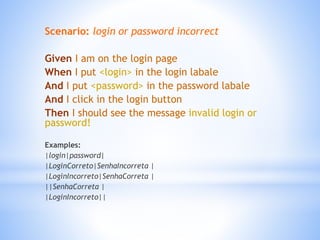 Scenario: login or password incorrect
Given I am on the login page
When I put <login> in the login labale
And I put <password> in the password labale
And I click in the login button
Then I should see the message invalid login or
password!
Examples:
|login|password|
|LoginCorreto|SenhaIncorreta |
|LoginIncorreto|SenhaCorreta |
||SenhaCorreta |
|LoginIncorreto||
 