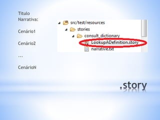 Titulo
Narrativa:
Cenário1
Cenário2
...
CenárioN
 