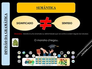 SEMÂNTICA
DIVISÃODAGRAMÁTICA
SIGNIFICADO SENTIDO
Dicionário: Monstro é uma anomalia ou deformidade que vai contra a ordem regular da natureza.
O monstro chegou.
 