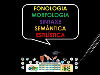 FONOLOGIA
MORFOLOGIA
SINTAXE
SEMÂNTICA
ESTILÍSTICA
 