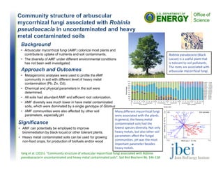 1Linshiz, et al., “PaR-PaR: Laboratory Automation System.” ACS Synth. Biol. 2:216-222 (2013).
2Linshiz, et al., “PR-PR: Cross-Platform Laboratory System.” ACS Synth. Biol. Article ASAP (2014).
Background
• Arbuscular mycorrhizal fungi (AMF) colonize most plants and
contribute to uptake of nutrients and soli contaminants.
• The diversity of AMF under different environmental conditions
has not been well investigated
Approach and Outcomes
• Metagenomic analyses were used to profile the AMF
community in soil with different level of heavy metal
contamination (Pb, Zn, Cd).
• Chemical and physical parameters in the soil were
determined.
• All soils had abundant AMF and efficient root colonization.
• AMF diversity was much lower in have metal contaminated
soils, which were dominated by a single genotype of Glomus
• AMF communities were also affected by other soil
parameters, especially pH
Significance
• AMF can potentially be employed to improve
bioremediation by black locust or other tolerant plants.
• Heavy metal contaminated soils can be used for growing
non-food crops, for production of biofuels and/or wood
Yang et al. (2015). "Community structure of arbuscular mycorrhizal fungi associated with Robinia
pseudoacacia in uncontaminated and heavy metal contaminated soils". Soil Biol Biochem 86, 146‐158
Robinia pseudacacia (Black 
Locust) is a useful plant that 
is tolerant to soil pollutants. 
The roots are associated with 
arbuscular mycorrhizal fungi.
Community structure of arbuscular
mycorrhizal fungi associated with Robinia
pseudoacacia in uncontaminated and heavy
metal contaminated soils
Many different mycorrhizal fungi 
were associated with the plants. 
In general, the heavy metal 
contaminated soils had the 
lowest species diversity. Not only 
heavy metals, but also other soil 
parameters affect the fungal 
communities. pH was the most 
important parameter besides 
heavy metals. 
 