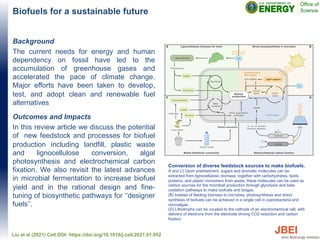 Biofuels for a sustainable future
Background
The current needs for energy and human
dependency on fossil have led to the
accumulation of greenhouse gases and
accelerated the pace of climate change.
Major efforts have been taken to develop,
test, and adopt clean and renewable fuel
alternatives
Outcomes and Impacts
In this review article we discuss the potential
of new feedstock and processes for biofuel
production including landfill, plastic waste
and lignocellulose conversion, algal
photosynthesis and electrochemical carbon
fixation. We also revisit the latest advances
in microbial fermentation to increase biofuel
yield and in the rational design and fine-
tuning of biosynthetic pathways for ‘‘designer
fuels’’.
Liu et al (2021) Cell DOI: https://doi.org/10.1016/j.cell.2021.01.052
Conversion of diverse feedstock sources to make biofuels.
A and C) Upon pretreatment, sugars and aromatic molecules can be
extracted from lignocellulosic biomass; together with carbohydrates, lipids,
proteins, and plastic monomers from waste, these molecules can be used as
carbon sources for the microbial production through glycolysis and beta
oxidation pathways to make biofuels and biogas.
(B) Instead of feeding biomass to microbes, photosynthesis and direct
synthesis of biofuels can be achieved in a single cell in cyanobacteria and
microalgae.
(D) Lithotrophs can be coupled to the cathode of an electrochemical cell, with
delivery of electrons from the electrode driving CO2 reduction and carbon
fixation
 