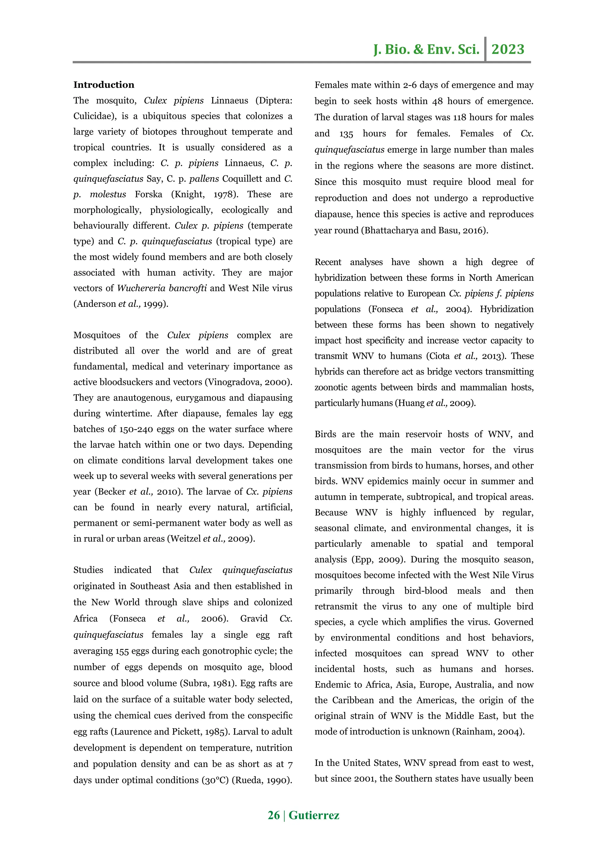 Genetic population structure of West Nile Virus vector Mosquitoes | PDF