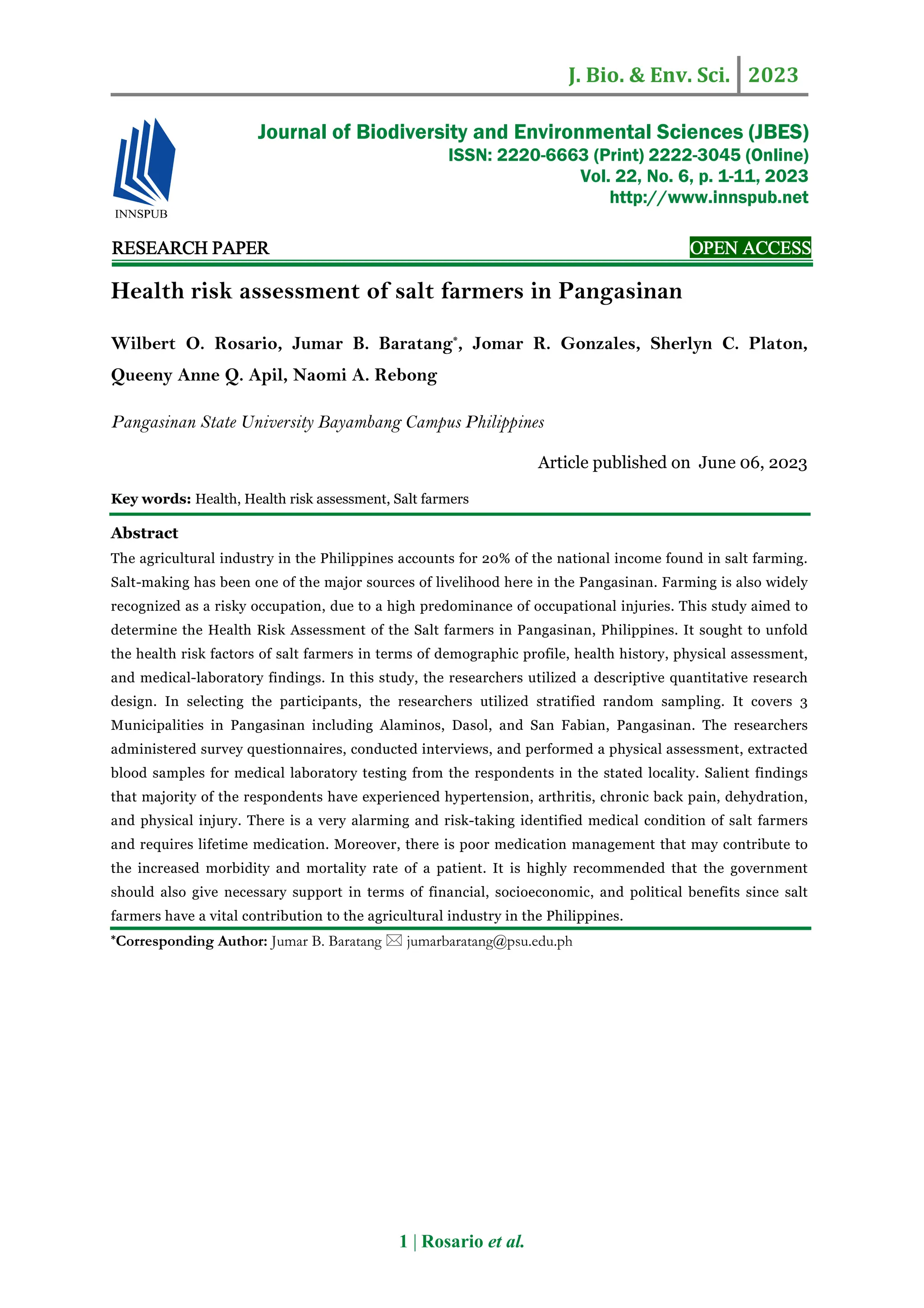 Health risk assessment of salt farmers in Pangasinan | PDF