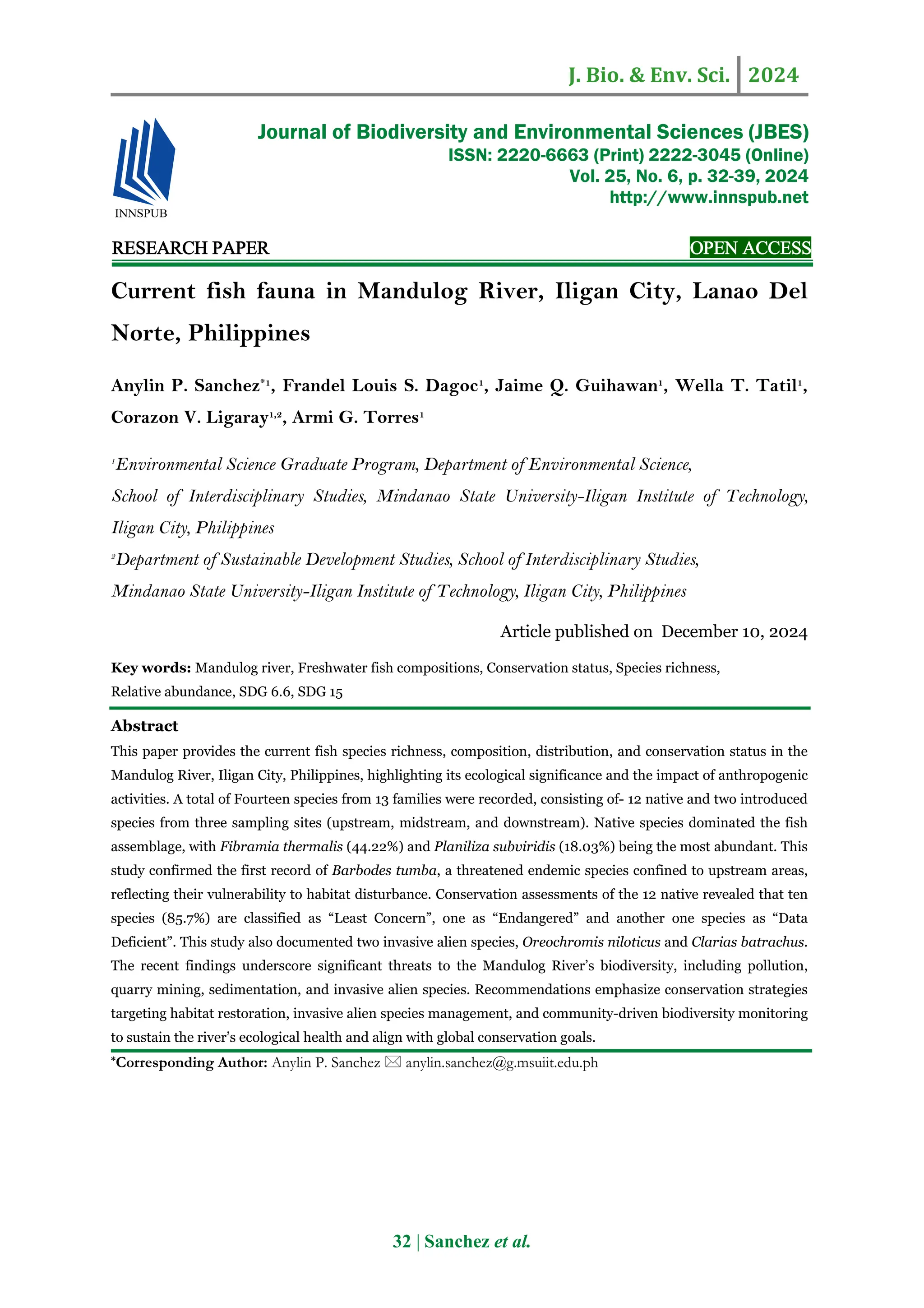 Current fish fauna in Mandulog River, Iligan City, Lanao Del Norte ...