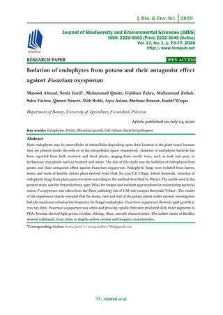 J. Bio. & Env. Sci. 2020
73 | Ahmad et al.
RESEARCH PAPER OPEN ACCESS
Isolation of endophytes from potato and their antagonist effect
against Fusarium oxysporum
Masood Ahmad, Sonia Jamil*
, Muhammad Qasim, Gulshan Zahra, Muhammad Zubair,
Saira Fatima, Qamer Naseer, Mah Rukh, Aqsa Aslam, Shehnaz Kousar, Kashif Waqas
Department of Botany, University of Agriculture, Faisalabad, Pakistan
Article published on July 24, 2020
Key words: Entophytes, Potato, Microbial growth, Cell culture, Bacterial pathogens
Abstract
Plant endophytes may be intercellular or intracellular depending upon their location in the plant tissue because
they are present inside the cells or in the intracellular space, respectively. Isolation of endophytic bacteria has
been reported from both monocot and dicot plants, ranging from woody trees, such as teak and pear, to
herbaceous crop plants such as mustard and maize. The aim of this study was the isolation of endophytes from
potato and their antagonist effect against Fusarium oxysporum. Endophytic fungi were isolated from leaves,
stems and roots of healthy Potato plant derived from Chak No.359/E.B Village, Tehsil Burewala. Isolation of
endophytic fungi from plant parts was done according to the method described by Petrini. The media used in the
present study was the Potatodextrose agar (PDA) for fungus and nutrient agar medium for maintaining bacterial
stains. F.oxysporum was taken from the Plant pathology lab of UAF sub-campus Burewala-Vehari . The results
of the experiment clearly revealed that the stems, root and leaf of the potato plants under present investigation
had the maximum colonization frequency for fungal endophytes. Fusarium oxysporum showed rapid growth 5-
7cm in5 days. Fusarium oxysporum was white and growing rapidly that later produced dark violet pigments in
PDA. Erwinia showed light green, circular, shining, slimy, smooth characteristics. The isolate strain of Bacillus
showed rodshaped, fuzzy white or slightly yellow circular and irregular characteristics.
*Corresponding Author: Sonia Jamil  soniajamilbrw786@gmail.com
Journal of Biodiversity and Environmental Sciences (JBES)
ISSN: 2220-6663 (Print) 2222-3045 (Online)
Vol. 17, No. 1, p. 73-77, 2020
http://www.innspub.net
 