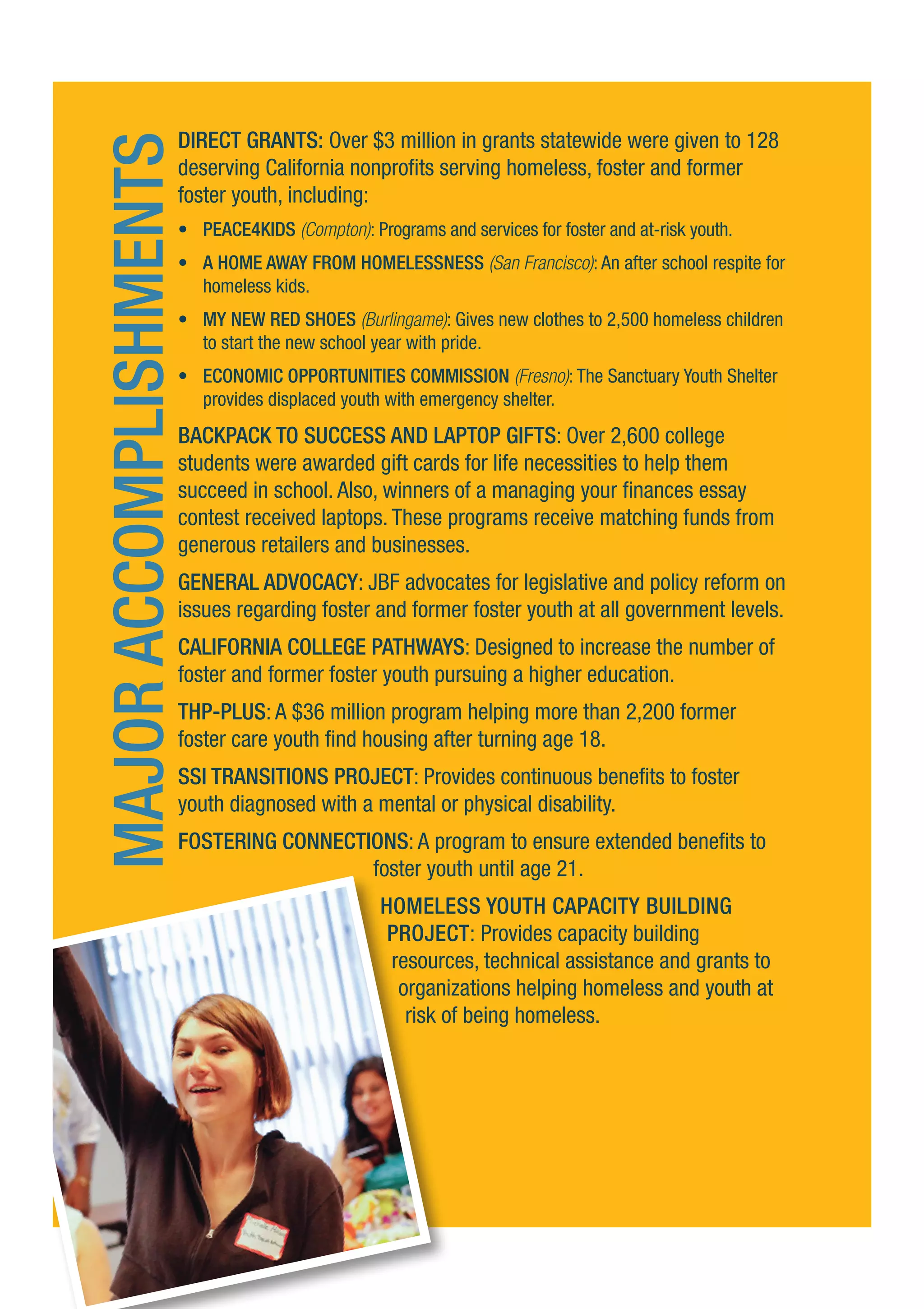 DIRECT GRANTS: Over $3 million in grants statewide were given to 128
deserving California nonprofits serving homeless, foster and former
foster youth, including:
•	 PEACE4KIDS (Compton): Programs and services for foster and at-risk youth.
•	 A HOME AWAY FROM HOMELESSNESS (San Francisco): An after school respite for
homeless kids.
•	 MY NEW RED SHOES (Burlingame): Gives new clothes to 2,500 homeless children
to start the new school year with pride.
•	 ECONOMIC OPPORTUNITIES COMMISSION (Fresno): The Sanctuary Youth Shelter
provides displaced youth with emergency shelter.
BACKPACK TO SUCCESS and LAPTOP GIFTS: Over 2,600 college
students were awarded gift cards for life necessities to help them
succeed in school. Also, winners of a managing your finances essay
contest received laptops. These programs receive matching funds from
generous retailers and businesses.
GENERAL ADVOCACY: JBF advocates for legislative and policy reform on
issues regarding foster and former foster youth at all government levels.
CALIFORNIA COLLEGE PATHWAYS: Designed to increase the number of
foster and former foster youth pursuing a higher education.
THP-PLUS: A $36 million program helping more than 2,200 former
foster care youth find housing after turning age 18.
SSI TRANSITIONS PROJECT: Provides continuous benefits to foster
youth diagnosed with a mental or physical disability.
FOSTERING CONNECTIONS: A program to ensure extended benefits to
		 foster youth until age 21.
HOMELESS YOUTH CAPACITY BUILDING
PROJECT: Provides capacity building
resources, technical assistance and grants to
organizations helping homeless and youth at
risk of being homeless.
MAJORACCOMPLISHMENTS
 