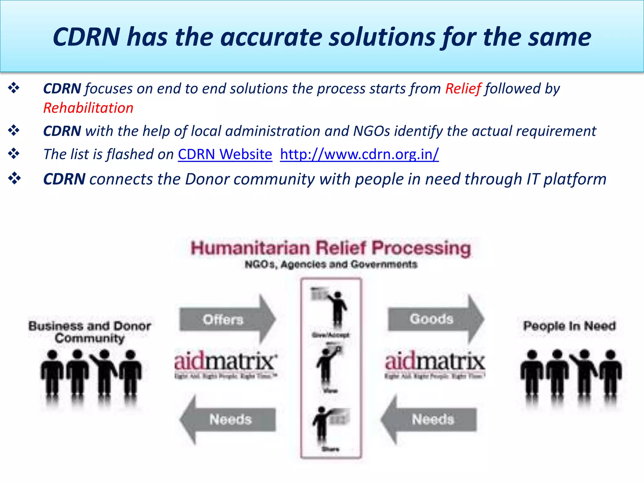 CDRN has the accurate solutions for the same
   CDRN focuses on end to end solutions the process starts from Relief followed by
    Rehabilitation
   CDRN with the help of local administration and NGOs identify the actual requirement
   The list is flashed on CDRN Website http://www.cdrn.org.in/
   CDRN connects the Donor community with people in need through IT platform
 