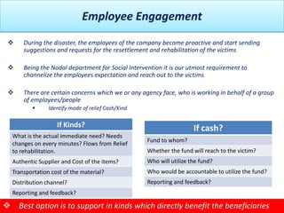Employee Engagement
     During the disaster, the employees of the company become proactive and start sending
      suggestions and requests for the resettlement and rehabilitation of the victims

     Being the Nodal department for Social Intervention it is our utmost requirement to
      channelize the employees expectation and reach out to the victims

     There are certain concerns which we or any agency face, who is working in behalf of a group
      of employees/people
               Identify mode of relief Cash/Kind

                   If Kinds?                                          If cash?
  What is the actual immediate need? Needs
                                                    Fund to whom?
  changes on every minutes? Flows from Relief
  to rehabilitation.                                Whether the fund will reach to the victim?
  Authentic Supplier and Cost of the items?         Who will utilize the fund?
  Transportation cost of the material?              Who would be accountable to utilize the fund?
  Distribution channel?                             Reporting and feedback?
  Reporting and feedback?

 Best option is to support in kinds which directly benefit the beneficiaries
 